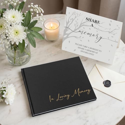 Image of Funeral Guest Book for Memorial Service, in Loving Memory 9x7.5 | 330 Entries, Table Sign Card Included, Gold Stamping, Oxford-Textured Paper Cover, Minimalist Design, Black