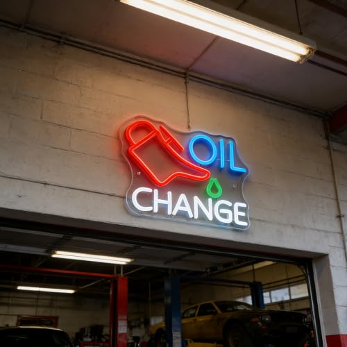 Image of Oil Change Neon Sign, Dimmable LED Neon Light Sign for Wall Decor, Mechanic Themed Neon Wall Light for Garage, Auto Shop, Man Cave, Bar, Bedroom, Game Room, Gift for Car Lovers Mechanics (OIL CHANGE)