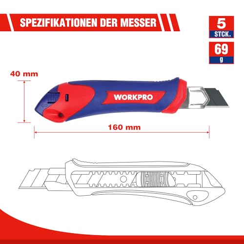 WORKPRO 5 Stück Cuttermesser Set 18mm mit 20 Ersatzklingen aus SK5, Profi Cuttermesser Abbrechklinge Kartonmesser, Mehrzweck Messer Allzweckmesser mit Gummigriff, Schneiden zum Papier, Karton