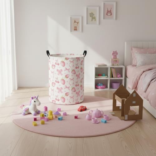 Image of Baby Laundry Hamper kids laundry Basket Waterproof Laundry Bag for Bedroom Clothes Organizer Room Decor(Bowknot strawberry)