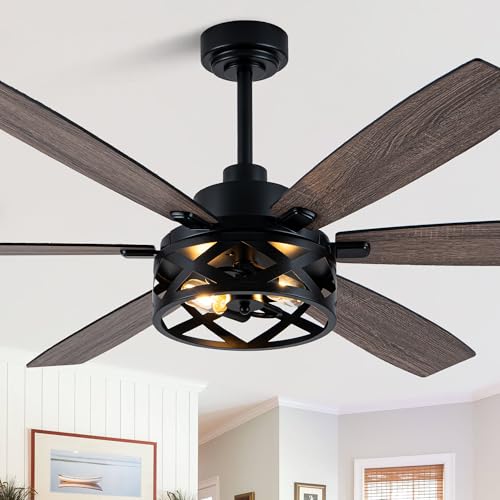 Image of Dawn Whisper 60 Inch Farmhouse Ceiling Fans with Lights and Remote Large Black Caged Rustic Chandelier Ceiling Fan for Bedroom Living Room Quiet and Reversible DC Motor 6 Speeds