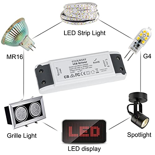 Image of COOLWEST 60W 24V LED Driver Transformer, 100V AC to 24V DC Low Voltage Power Supply for LED Strip Lights and G4, MR11, MR16 Light Bulbs
