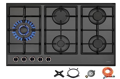 Phönix PG-901LT encimera de gas empotrada cocina de gas de vidrio 5 placas autosuficientes (independiente/empotrada- placa de gas) incl. conjunto de regulador de manguera de gas