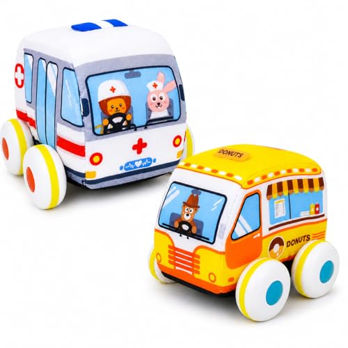 Image of PLUSPOINT Soft Pull Back Vehicle Set of 2 - Plush Baby Toy Cars with Ambulance & Donut Car Design, Soft Washable Pull Back Toys for Babies & Toddlers 2+ Years