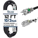 YOJOE 12 Foot 10/3 Lighted Outdoor Extension Cord - 10 Gauge 3 Prong SJTW Heavy Duty Black Extension Cable with 3 Prong Grounded Plug for Safety,UL Listed