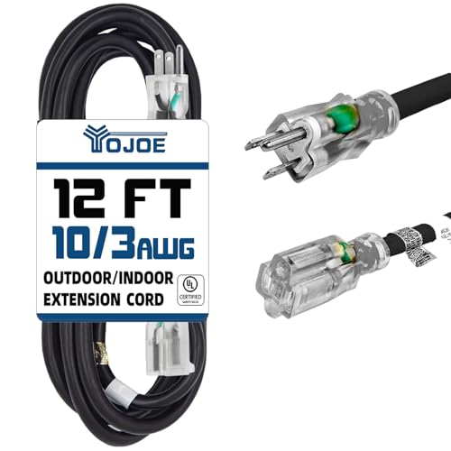 YOJOE 12 Foot 10/3 Lighted Outdoor Extension Cord - 10 Gauge 3 Prong SJTW Heavy Duty Black Extension Cable with 3 Prong Grounded Plug for Safety,UL Listed