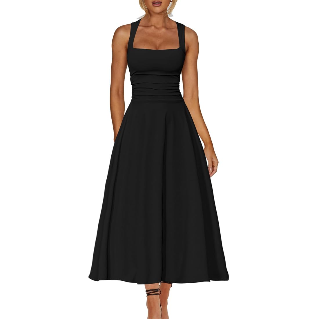 Abito Elegante Cerimonia Lungo Donna Sexy Vestito Senza Maniche Scollo Quadrato Maxi Abiti Aderente da Cocktail Linea A Swing Abito Solido Pieghe in Vita per Festa Discoteca Club Sera