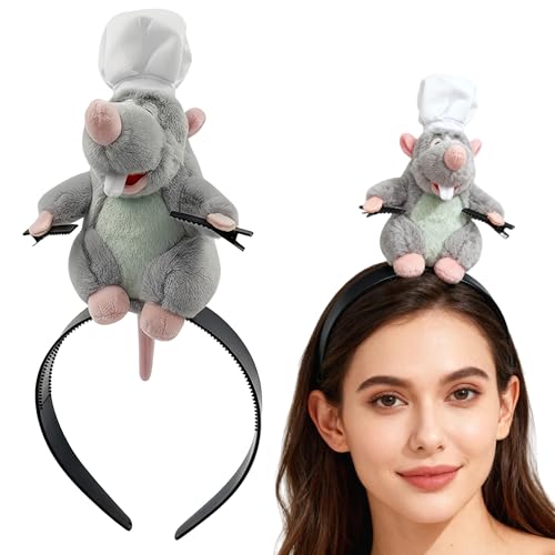 Tizucks Mouse Chef Headband Cartoon Animal Plush Headwear Hair Clip Cosplay Props for Halloween Party