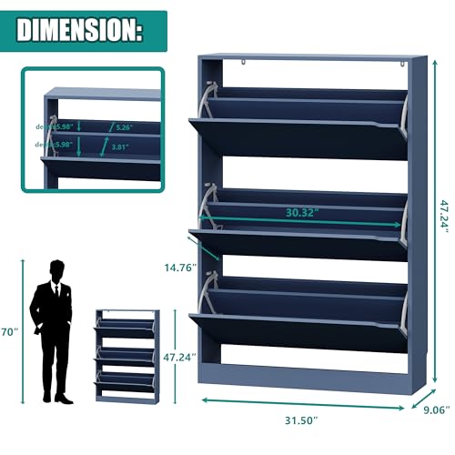 Image of Xixini Shoe Storage Cabinet for Entryway with 3 Flip Drawers, Sturdy Wood Hidden Shoe Storage, Freestanding Narrow Slim Shoe Organizer for Front Door Entrance, Living Room, Hallway, Bedroom, Blue