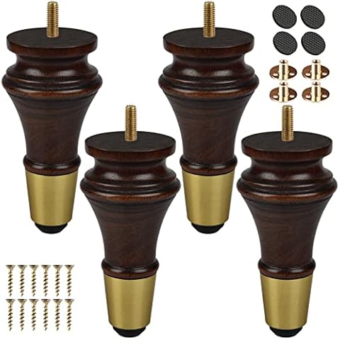 5 inch / 13cm Wooden Furniture Legs, Tchosuz Pack of 4 Classic Wenge Solid Wood Turned DIY Replacement Bun Feet with M8 Hanger Bolts & T-Nuts for Sofa Couch Dresser Cabinet Ottoman Riser Cover