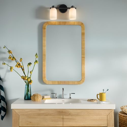 Image of Kichler Shae 2-Light Bathroom Vanity Light, Black | White opal glass vanity light for modern bathroom mirrors (15 inch x 9 inch), 55201BK