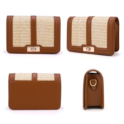 Image of FALETO Straw Crossbody Bags for Women Summer Leather Stitching Straw Flap Bag Handbag Shoulder Clutch Purse