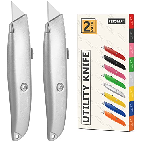 Image of DIYSELF 2 Pack Box Cutter Knives, All-Metal Retractable Utility Knives | Durable Box Cutters for Cardboard, Cartons, Vinyl and Carpet; PVC Pipe Cutter for Warehouse, Garage and Daily Work