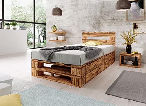 Lermowood Palettenbett M2 aus Holz 80 x 200 cm Geflammt mit Kopfteil und 2 Bettkästen Holzbett 30cm Stabiles Seniorenbett Kinderbett Jugendbett Gästebett erhöhtes Bettgestell Komforthöhe Naturholz