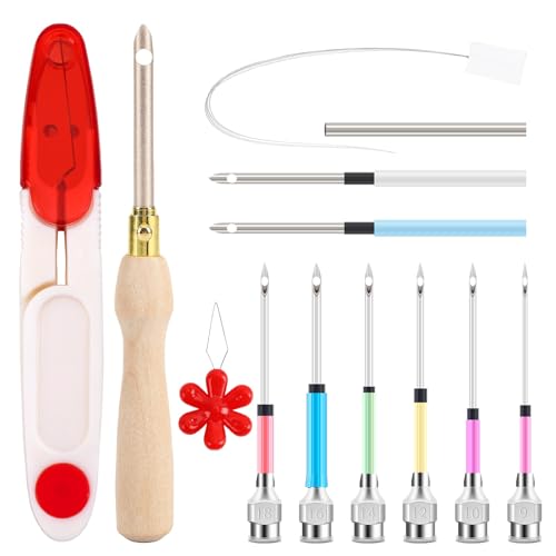 Image of AUGSUN 13 Pcs Punch Needle Kit Embroidery Tool Set for Beginners Adults | Adjustable Punch Needles, Ergonomic Wooden Handle, With Yarn Guide Threader, DIY Crafts Fabric Art Project, Red Set