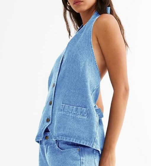 Adoeren Women Halter Denim Tank Vest Button Down V Neck Sleeveless Jean Crop Top Sexy Backless Vests Trendy Streetwear2