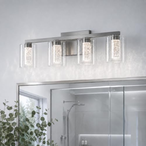 Image of 4-Light LED Vanity Light Fixtures for Bathroom,Electroplated Nickel | Bathroom Light Fixtures Over Mirror, 3 Color Lighting, Crystal Bubble Glass & Clear Glass Shade, Modern Vanity Light