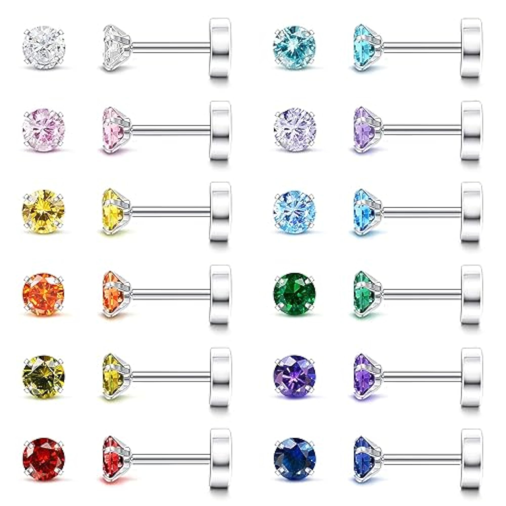 12 Pair 18K Silver Plated MultiColor CZ Crystal Stud Earrings Set