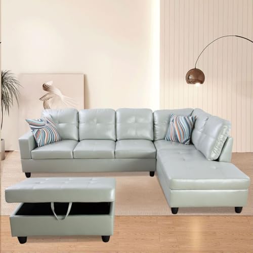 Image of L-Shaped 3-Piece Semi PU Synthetic Leather Sofa with Storage Ottoman Set, Sectional Couch Sofa Set for Living Room, Office, Small Space, Silver Green