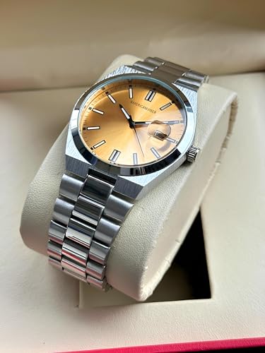 Image of AMERICANVIBER Men's Silver Stainless Steel Watch, Vibrant Green Sunburst Dial, Quartz Analog Movement, Date Display, Faceted Bezel for Men