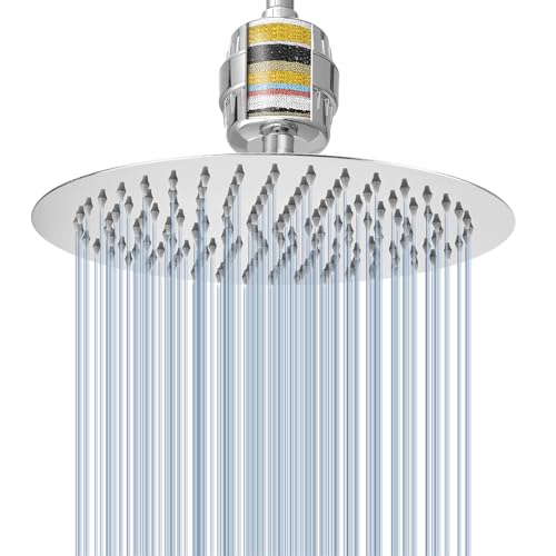 Ensemble Pomme de Douche et Filtre Voolan pour Pluie, Pomme de Douche Haute Pression en Acier Inoxydable, Cartouche Filtrante Adoucissante pour Eau Dure (25cm, Ronde)