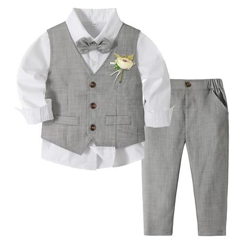 Volunboy Baby Jungen Anzug, Kinder Anzugweste Festliche Hochzeit Kleidung Bekleidung Set 4tlg (2-3 Jahre, Grau, Größe 100)