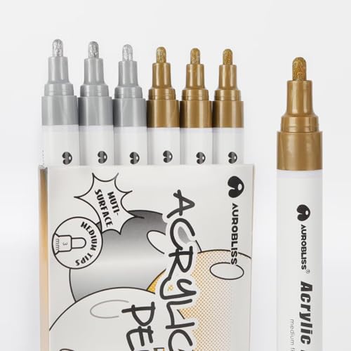 Aurobliss Rotuladores Oro y Plata 2-3MM, 6 Rotuladores Acrilicos Metalicos para Pintar Cuero, Lienzo, Tela, Metal, Madera, Papel Negro, Album, Piedras Permanente (gold)
