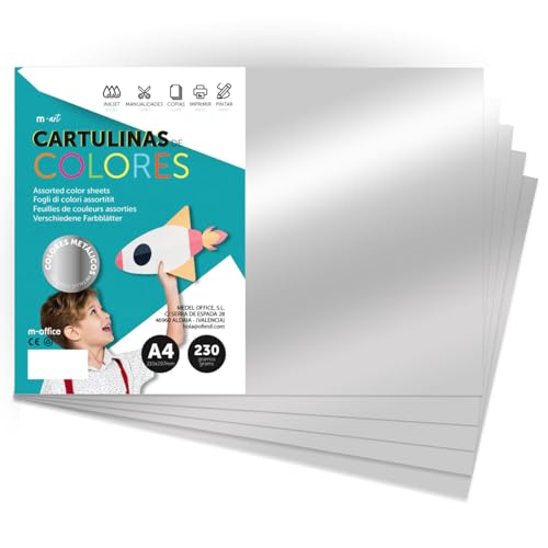 Cartulina de Colores Metalizadas, Cartulina DIN A4 (21x29,7cm) Cartulinas de Colores 230gr para Manualidades, Diseños Creativos y Proyectos de Arte, Brillo Reflectante · m-office (25 hojas, Plata)