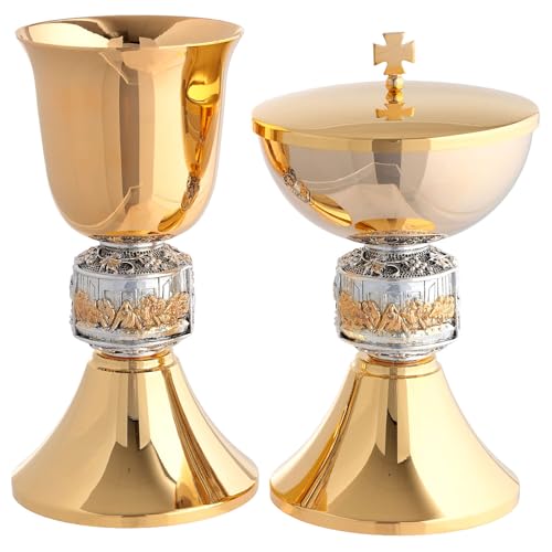 Chalice and Ciborium Multi-Color Last Supper and Grapes Gold Knot, CiboriumChalice Height: 20 cm|Ciborium Diameter: 12 cm|Ciborium Height: 21 cm|Chalice Cup Diameter: 10 cm