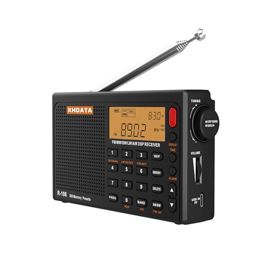 Image of XHDATA R108 Portable Radio AM /FM /SW /LW /Airband Shortwave Receiver Battery Operated Radio with Good Reception, Great Sound Speaker Stereo Alarm Clock External Antenna (Black)
