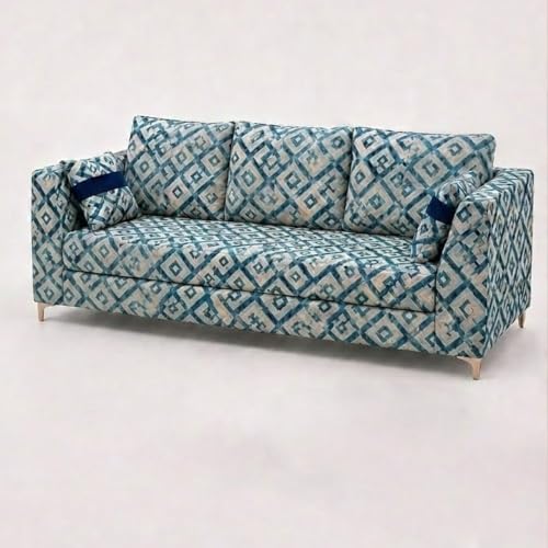 Image of FURNY Signature Cresta 3 Seater Sofa Set | Tapestry Fabric | 40D Foam + Zigzag Spring | 3-Yr Warranty (Lagoon Mosaic Blue) | Modern Living Luxury Sofa Set for Home, Office & Hotel Spaces