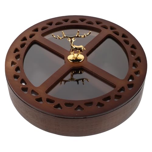 iplusmile 竹製四格ナッツトレイ 蓋付き 乾果保存ボックス フルーツコンパートメント付き ラウンドスナック容器 キッチンリビング用