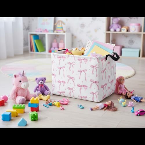 Image of Rectangular Baby Kids Storage Basket for Home Kitchen Girls Cute Toy Storage Bin Organizer Shelf Book Room Decor(Dot Bowknot)