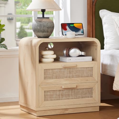Image of LEYAOYAO Rattan Night Stand with Charging Station, Natural | 23.6 inch Curved 2 Drawers Nightstand with Storage Shelf & Solid Handle, Boho Bedside Tables for Bedroom, Living Room