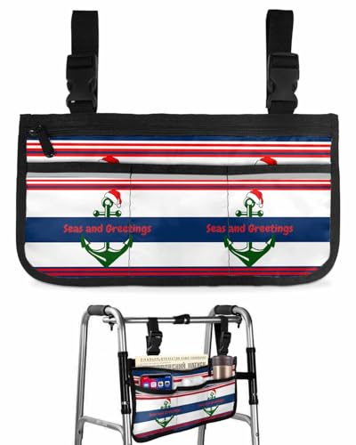 Anzona Christmas Anchor Wheelchair Side Bag Walker Bag, Nautical Xmas Navy Blue Red Striped Wheelchair Accessories Armrest Pouch, Organizer Storage Bag for Walkers, Rollators, Scooters, 7.3''x13''
