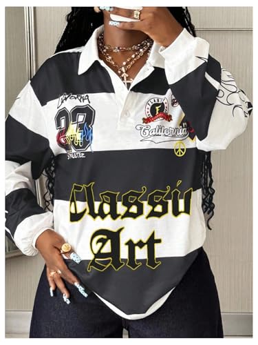 Image of RoseSeek Women's Color Block Graphic Jersey Shirt Long Sleeve Collared Golf T Shirts Y2K Tops Streetwear