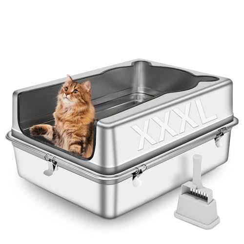 Bartuke Extra Large Stainless Steel Cat Litter Box 27.5 L x 19.7 W x 12 H XXXL Semi Enclosed Removable Metal Litter Tray with High Sided Enclosure Scoop Anti-Leakage Non-Sticky Easy Cleaning