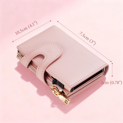 Image of furid Small Card Wallet Women: Rfid Leather Smart Pop Up Wallets, Cherry Pink, minimalist wallet, Bifold | Ladies Mini Card Holder Slim Minimalist with Zipper Coin Pocket ID Window - Gifts for Wife Mother on Anniversary Birthday
