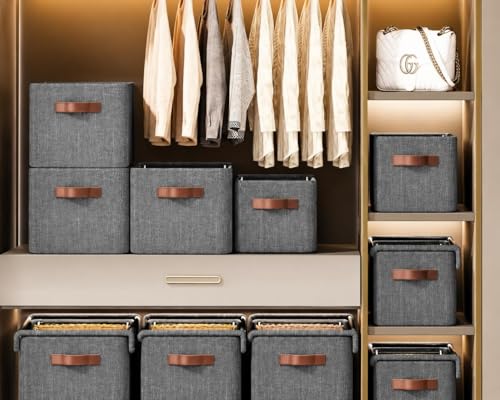 Image of Fabric Storage Box with Lid, Grey, Rectangular Organizer, 30x30x30 cm, 26 Liters Capacity, 2 Compartments