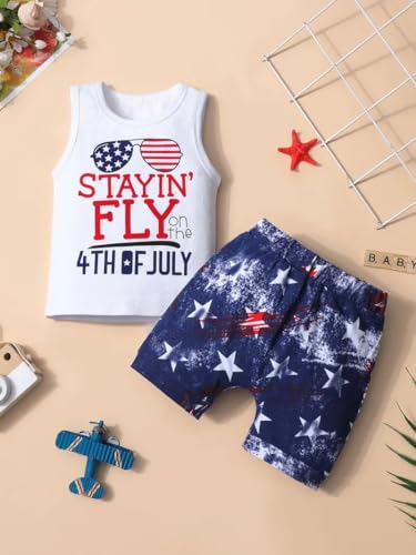 Image of Toddler Boys 4th of July Outfits American Flag Tank Tops Patriotic Shirts Tees Star Shorts 2Pcs Clothes Set