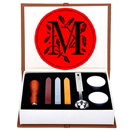 ANBOSE Alphabet M Letters Wax Sealing Stamp Kit, 1Pcs Wooden Handle Copper Seal, 3Pcs Wax Seal Sticks