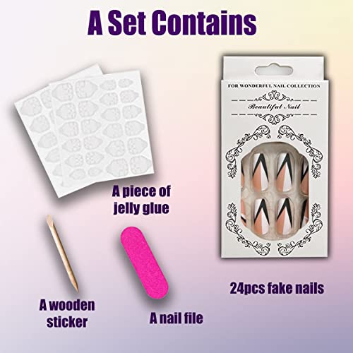 Qingge Black White Line French Tips Press On Nails Long Matte Fake Nails Coffin False Nails With V Line Z Line Design Full Cover Stick On Nails Acrylic Nails For Women 24Pcs #TOP2