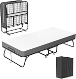 Patiomore Folding Bed with Mattress, 75” x 38” Portable Rollaway Bed, Space-Saving Sturdy Metal Frame, Fold up Bed with 5' Memory Foam Mattress, Fold Up, Roll Away, Hideaway