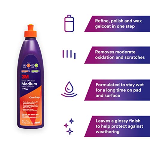 3M Perfect-It Gelcoat Medium Cutting Compound + Wax, 36105, 1 Pint, One-Step Process, P1500 and Finer Scratches, Fiberglass Oxidation Remover for Boats and RVs , White - Thumbnail 3