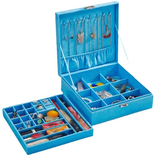 RomildaYuan All Flannel Cover Jewelry Container 2-Layer Jewelry Box Organizer Multi-grids Portable Organizer for Rings Earrings (Color : Blue)