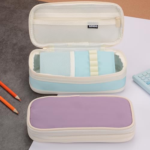 Image of Large Capacity Big Special Cute Aesthetic Preppy Canvas Pencil Case Organizer Holder Pouch Bag with Zipper Compartments, Pen Cases for Women Girls School Adults (Sky Blue)