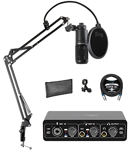 Audio-Technica AT2020 Cardioid Condenser Studio XLR Microphone Bundle with Blucoil Portable USB Audio Interface for Windows and Mac, Boom Arm Plus Pop Filter, and 10-FT Balanced XLR Cable