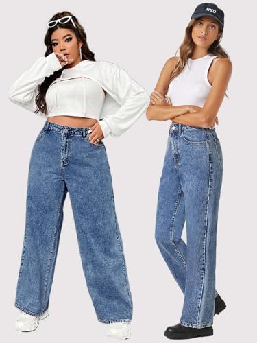 Image of KOTTY Women's High Waist Wide Leg Button Coin Pocket Straight Fit Jeans Stylish Regular to Plus Size Fit Denim Jeans for Women