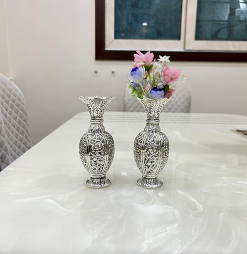 Image of German Silver Vase Pair for Home & Office Decor | Premium Finish Decorative Flower & Centerpiece Bowl | Elegant Tabletop Showpiece for Living Room, Reception & Gifting - 6 Inch, Set of 2