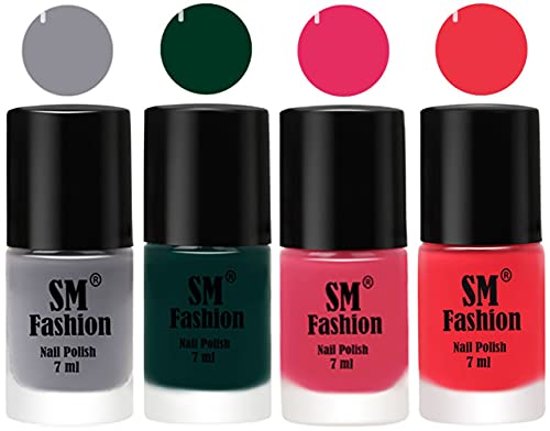 Image of Nail Polish Combo Set (Pack of 4) Quick Dry Gel Finish Nail Paint | Gray,Dark Green,Dark Rose Pink,Rose Pink | 7 ml Each